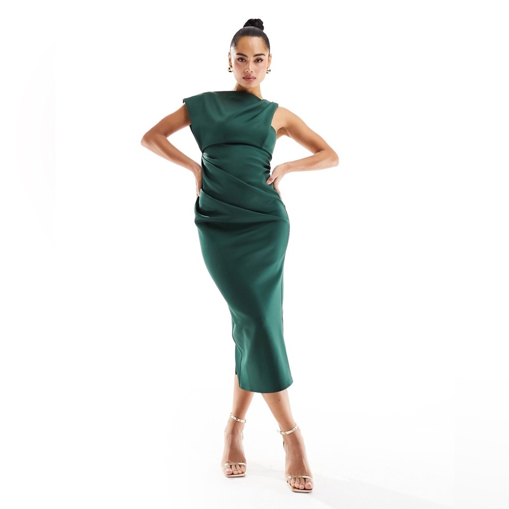 NWT ASOS DESIGN Asymmetric High Neck Minimal Midi Dress Dark Green Size 4